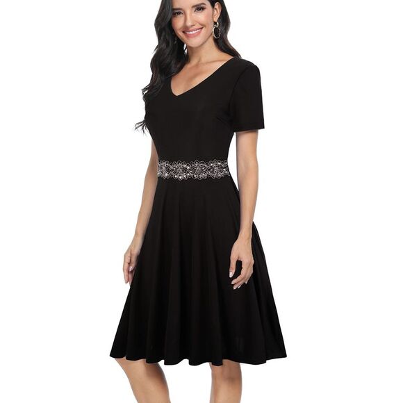 MANER Dresses & Skirts - MANER Womens V Neck Short Sleeve Cocktail Party Prom Wedding Guest A-Line Dress